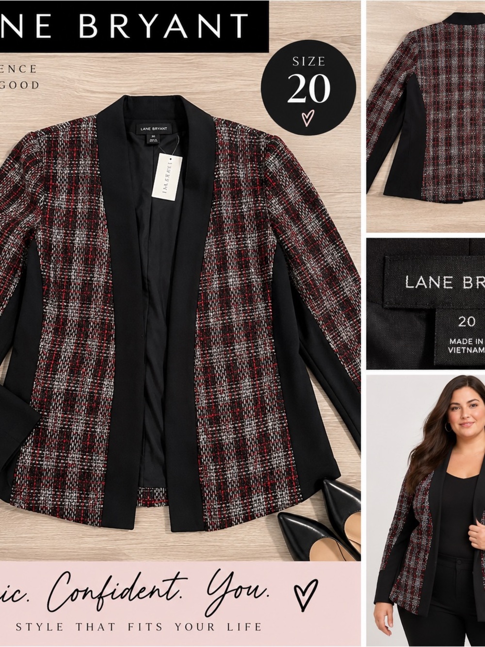 Lane Bryant Black and Burgundy Plaid Open Front Blazer Jacket